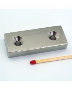 NdFeB N45 Quadermagnet 50 x 20 x 8 mm, gebohrt, S-Pol