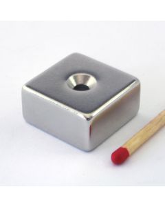 NdFeB N48 Quadermagnet 20 x 20 x 10 mm, N45, gebohrt, N-Pol